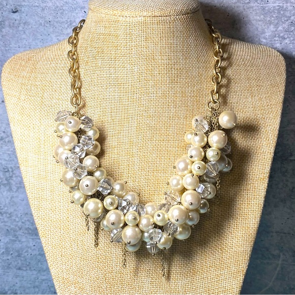 J. Crew faux pearl and clear beaded bib chunky necklace on gold tone hardware - Picture 1 of 4